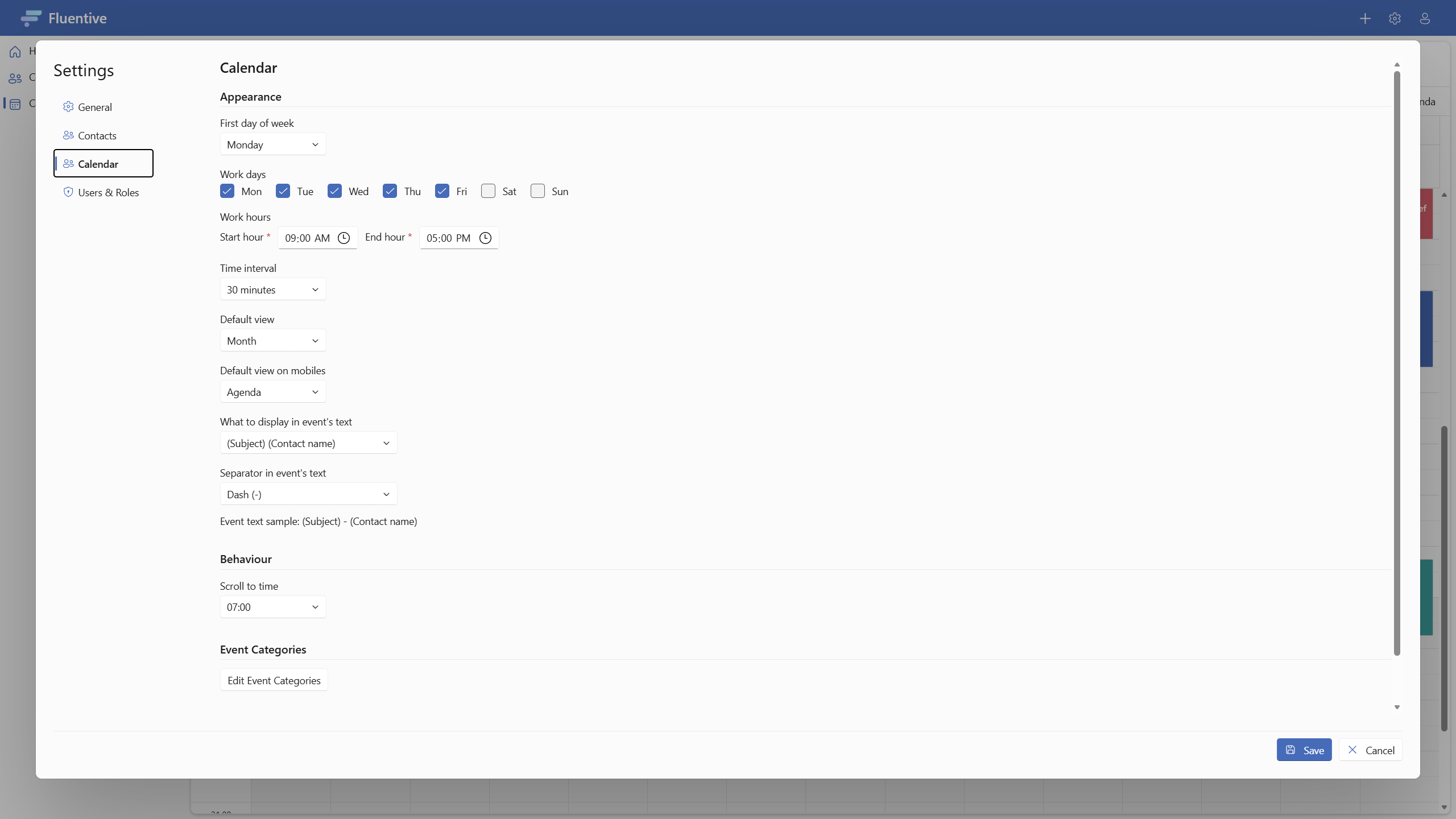 Fluentive notification and reminder settings
