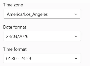 Locale settings: time zone, date format, and time format