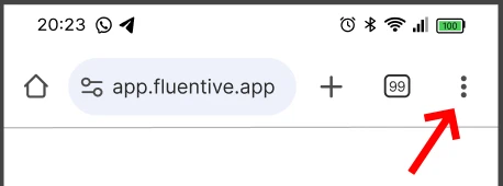 Εγκατάσταση Fluentive PWA σε Android με Chrome — μενού τριών τελειών με επιλογή Προσθήκη στην αρχική οθόνη