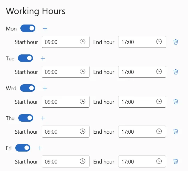 Paramètres des horaires de travail avec heures configurables par jour