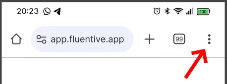 Installation de la PWA Fluentive sur Android avec Chrome — menu à trois points affichant l'option Ajouter à l'écran d'accueil