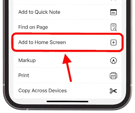 Safari sur iPhone — écran de confirmation Sur l'écran d'accueil pour la PWA Fluentive